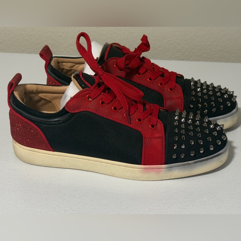 Christian Louboutin Red and Black Spike Toe Low-Top Sneakers
